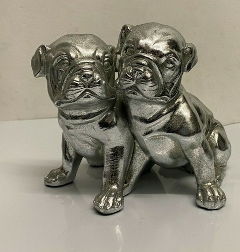 Silver pug puppy ornament - silver, twin